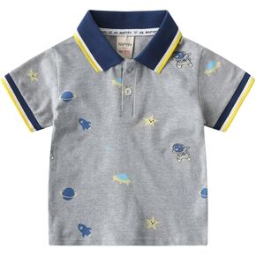 Irsutey Toddler Baby Boys Lapel Collar Button Down Tees Color Block Cute Astronaut Prints Short Sleeve Summer Cotton Top
