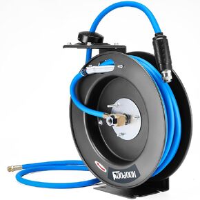 Retractable Air Hose Reel, 3/8" x 50' Hybrid Polymer Hose, Heavy-Duty Steel, Auto Rewind,Quick Air Coupler, Industrial-Grade Durability