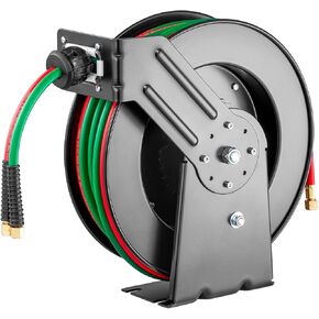 VEVOR Retractable Welding Hose Reel, 1/4-Inch x 50FT Twin Oxygen Acetylene Rubber Hose Max 300PSI - R Grade, Ceiling/Wall Mount Heavy Duty Steel Hose Reel Auto-Rewind, Ideal for Workshops Garages