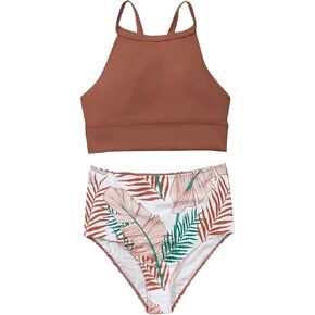 Womens Two Piece Vintage Swimsuit Retro Hawaii Tropical Print Halter Ruched High Waist Bikini with Boy Shorts Bottom