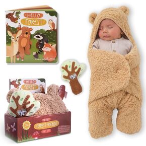 Tickle & Main Bear Swaddle Blanket Set with Newborn Essentials - 16-Page Illustrated Storybook - Cute Plush Cotton Tree Rattle Toy - 3-Piece Baby Registry Search Present for 0-12 Months Baby