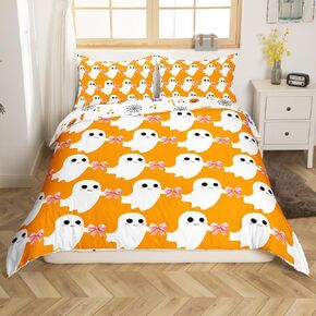 Halloween Ghost Duvet Cover Set Cute Ribbon Bowknot Girl Toddler Bedding Set, Grey Bow Knot Comforter Cover Cartoon Silhouette Gothic Bed Set, Kawaii Room Decor Aesthetic