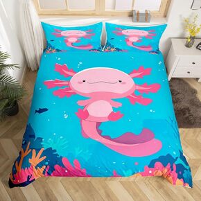 jejeloiu Cute Axolotl Bedding Set for Kids Boys Girls Kawaii Ocean Sealife Comforter Cover Toddler Size Cartoon Salamander Duvet Cover Reptile Animal Bedroom Decor Breathable Soft Lightweight