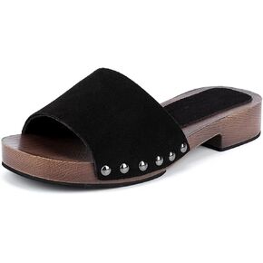 Women's Slide Sandals Rivets Suede Open Toe Wooden bottom with Cushioned Retro Fashion 2025 Slippers