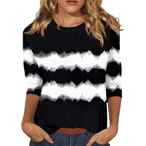 3/4 Length Sleeve Womens Tops Round Neck Printed Tshirts Business Dressy T Shirts Summer Loose Fit Work Clothes