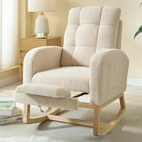 NIOIIKIT Modern Nursery Rocking Chair, Teddy Upholstered Rocking Chair with Footrest, Comfortable Rocker Chair with Side Pocket, Rocker Chair for Living Room, Bedroom, Nursing Room (Brown)