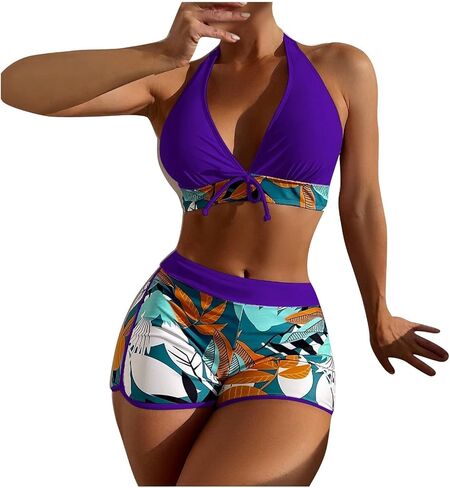 من قطعتين للسباحة للنساء ، 2024 Summer Sexy Halter Tie Bikini مجموعات ، طباعة عصرية شورتات السباحة المرتفعة العالية in Saudi Arabia