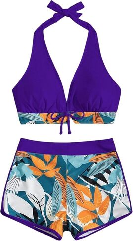 من قطعتين للسباحة للنساء ، 2024 Summer Sexy Halter Tie Bikini مجموعات ، طباعة عصرية شورتات السباحة المرتفعة العالية in Saudi Arabia