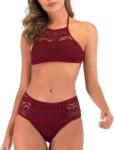 SACFOF Women's Bikini Sets Sexy Halter High Neck Lace Two Piece Swimsuits Sport Triangle Bottoms Backless Bathing Suits in Saudi Arabia