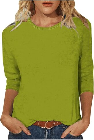 Womens Tops Plus Size 3/4 Sleeve Shirts Round Neck Loose Casual Blouses Solid Tshirts Basic Tees Tunic Fashion Clothes in Kuwait