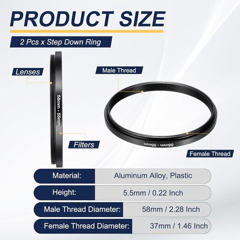 PATIKIL Step Down Ring Adapter 58mm to 55mm, 2 Pcs Filter Step-Down Rings Camera Lens Filters Metal Ring Digital for ND IR DSLR Lenses, Black in Saudi Arabia