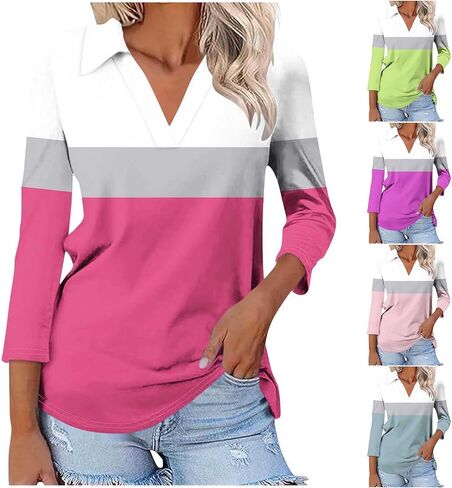 Womens V Neck Golf Shirts 3/4 Sleeve Collared Color Block Tops Business Casual Spring Summer Top Trendy Loose Blouse in Kuwait