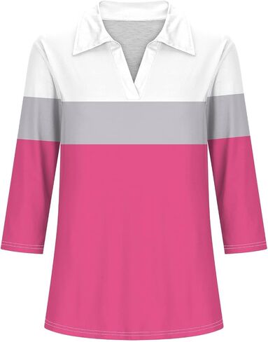 Womens V Neck Golf Shirts 3/4 Sleeve Collared Color Block Tops Business Casual Spring Summer Top Trendy Loose Blouse in Kuwait