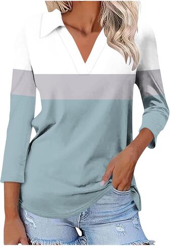 Womens V Neck Golf Shirts 3/4 Sleeve Collared Color Block Tops Business Casual Spring Summer Top Trendy Loose Blouse in Kuwait