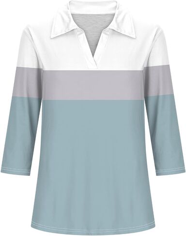 Womens V Neck Golf Shirts 3/4 Sleeve Collared Color Block Tops Business Casual Spring Summer Top Trendy Loose Blouse in Kuwait