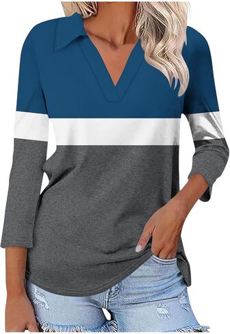 Womens V Neck Golf Shirts 3/4 Sleeve Collared Color Block Tops Business Casual Spring Summer Top Trendy Loose Blouse in Kuwait