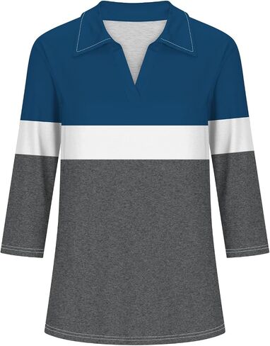 Womens V Neck Golf Shirts 3/4 Sleeve Collared Color Block Tops Business Casual Spring Summer Top Trendy Loose Blouse in Kuwait