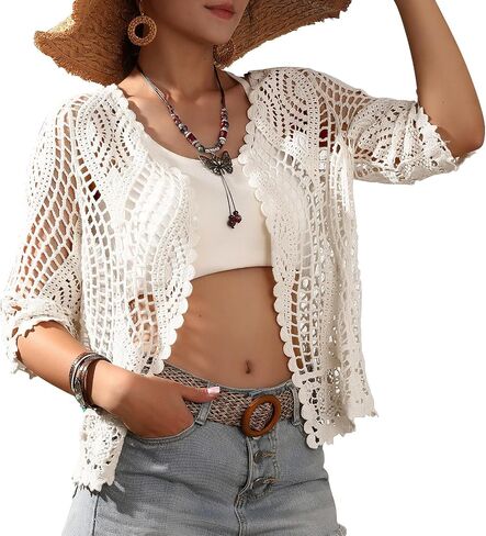 Women's Lace Cardigan Floral Crochet Sheer Beach Cover Ups Long Kimono with Half Sleeves in Saudi Arabia
