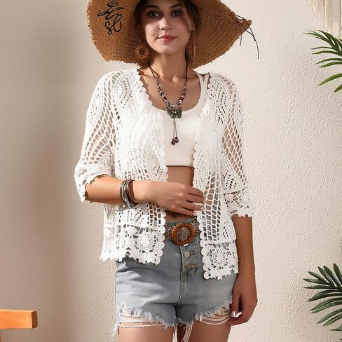 Women's Lace Cardigan Floral Crochet Sheer Beach Cover Ups Long Kimono with Half Sleeves in Saudi Arabia