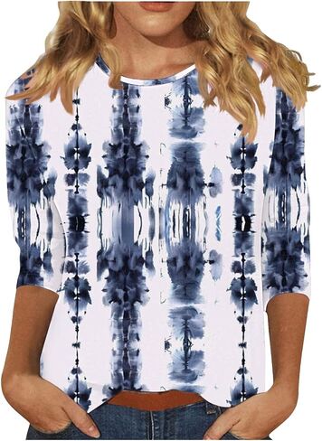 Color Block 3/4 Short Sleeve Tops for Women Trendy Casual Shirts Loose Three Quarter Sleeve Tshirts Tie Dye Tees in Kuwait