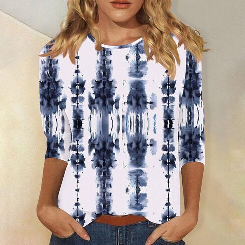 Color Block 3/4 Short Sleeve Tops for Women Trendy Casual Shirts Loose Three Quarter Sleeve Tshirts Tie Dye Tees in Kuwait