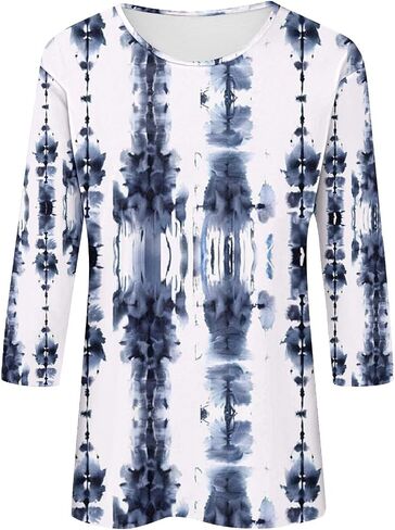 Color Block 3/4 Short Sleeve Tops for Women Trendy Casual Shirts Loose Three Quarter Sleeve Tshirts Tie Dye Tees in Kuwait