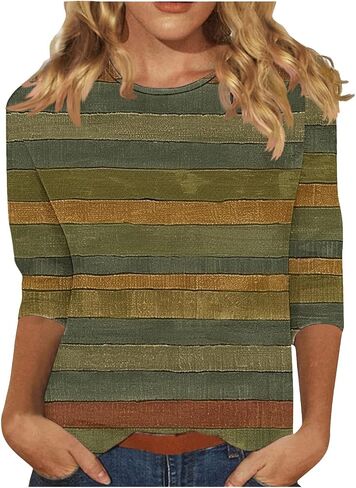 Color Block 3/4 Short Sleeve Tops for Women Trendy Casual Shirts Loose Three Quarter Sleeve Tshirts Tie Dye Tees in Kuwait