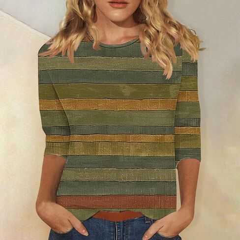 Color Block 3/4 Short Sleeve Tops for Women Trendy Casual Shirts Loose Three Quarter Sleeve Tshirts Tie Dye Tees in Kuwait