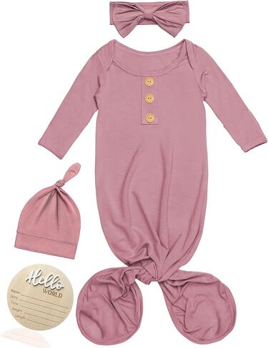 Baby Noah Newborn Knotted Gown, Ultra-Soft Silky Long Sleeve Sleeper, Unisex Coming Home Outfit Set With Wooden Name Sign in Kuwait