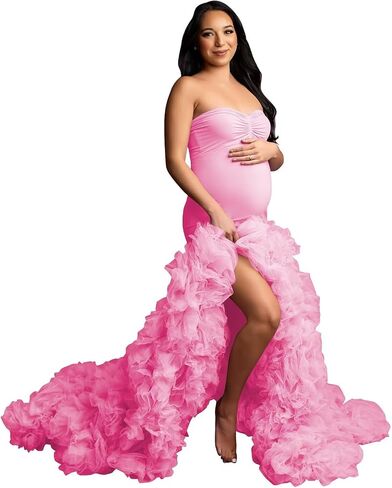 Stretchy Tight Maternity Dresses Pregnancy Gown for Photoshoot Strapless Ruffles Robe for Women Pregnant in Saudi Arabia