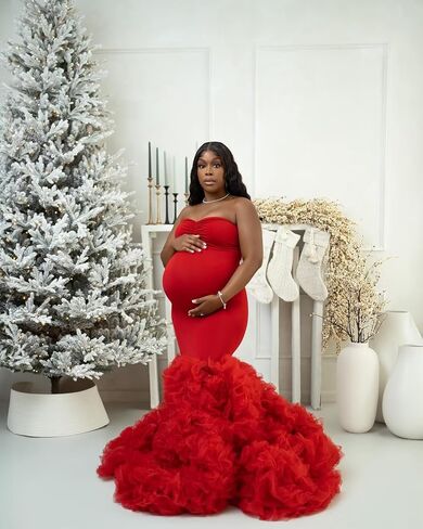 Stretchy Tight Maternity Dresses Pregnancy Gown for Photoshoot Strapless Ruffles Robe for Women Pregnant in Saudi Arabia