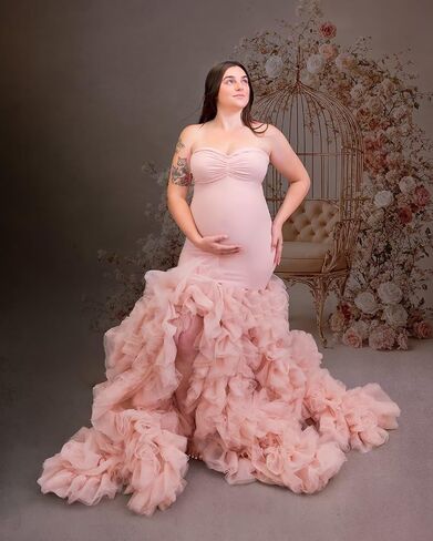 Stretchy Tight Maternity Dresses Pregnancy Gown for Photoshoot Strapless Ruffles Robe for Women Pregnant in Saudi Arabia