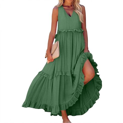 Womens Maxi Dress Sleeveless Sexy Tiered Flowy Summer Tank Dresses Loose Smocked Ruffle Swing Beach Long Sundress in Saudi Arabia
