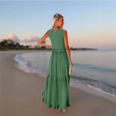 Womens Maxi Dress Sleeveless Sexy Tiered Flowy Summer Tank Dresses Loose Smocked Ruffle Swing Beach Long Sundress in Saudi Arabia