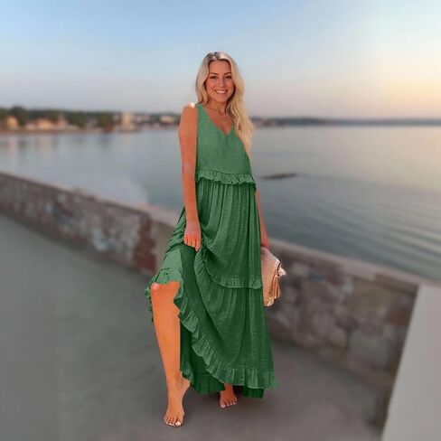 Womens Maxi Dress Sleeveless Sexy Tiered Flowy Summer Tank Dresses Loose Smocked Ruffle Swing Beach Long Sundress in Saudi Arabia