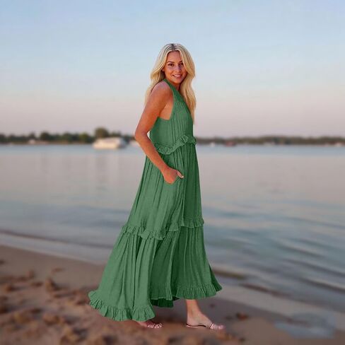 Womens Maxi Dress Sleeveless Sexy Tiered Flowy Summer Tank Dresses Loose Smocked Ruffle Swing Beach Long Sundress in Saudi Arabia
