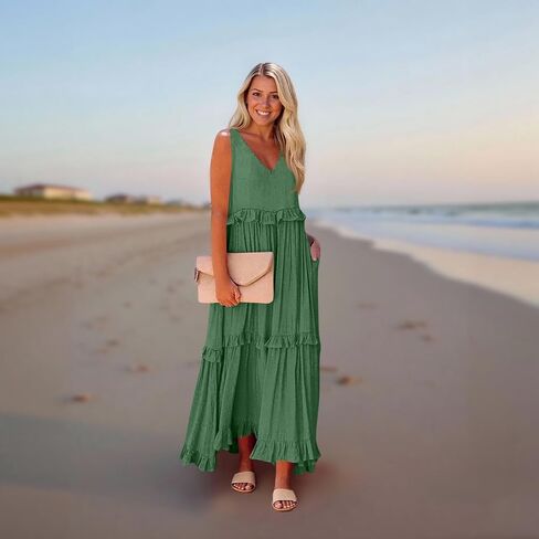 Womens Maxi Dress Sleeveless Sexy Tiered Flowy Summer Tank Dresses Loose Smocked Ruffle Swing Beach Long Sundress in Saudi Arabia