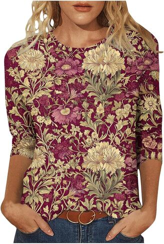 Womens Tops 3/4 Sleeve Plus Size Floral Shirts Casual Loose Fit Three Quarter Length Sleeve T Shirts Going Out Tees in Kuwait