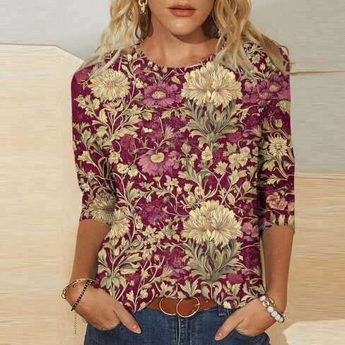 Womens Tops 3/4 Sleeve Plus Size Floral Shirts Casual Loose Fit Three Quarter Length Sleeve T Shirts Going Out Tees in Kuwait