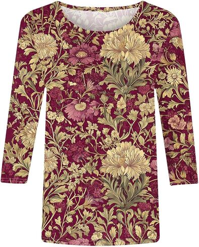 Womens Tops 3/4 Sleeve Plus Size Floral Shirts Casual Loose Fit Three Quarter Length Sleeve T Shirts Going Out Tees in Kuwait