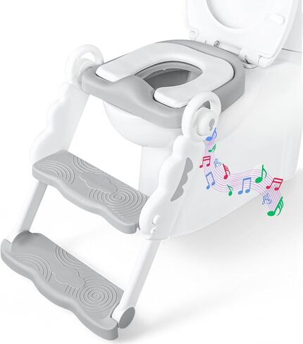 Musical & Sound Toddler Potty Training Seat w/Step Stool Ladder - Collapsible & Adjustable Toilet, Pre Assembled Toddler Toilet Seat w/Music & Sounds - Splash Guard & Anti-Slip Steps - Gray in Saudi Arabia