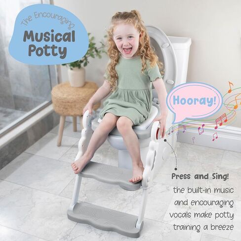 Musical & Sound Toddler Potty Training Seat w/Step Stool Ladder - Collapsible & Adjustable Toilet, Pre Assembled Toddler Toilet Seat w/Music & Sounds - Splash Guard & Anti-Slip Steps - Gray in Saudi Arabia