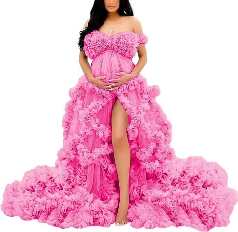 Off Shoulder Maternity Dresses Long Robe for Photoshoot Tulle Puffy Ruffles Pregnancy Gown for Baby Shower in Saudi Arabia
