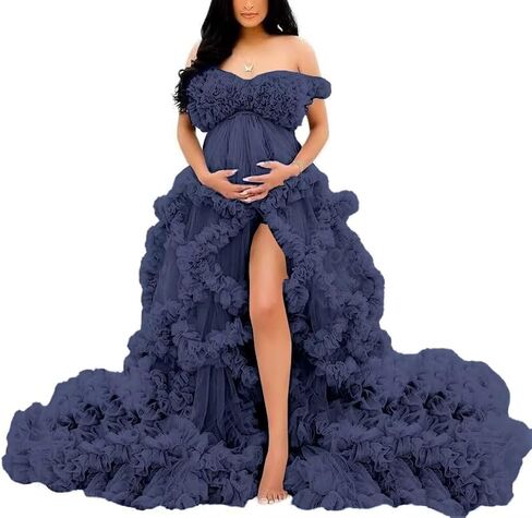 Off Shoulder Maternity Dresses Long Robe for Photoshoot Tulle Puffy Ruffles Pregnancy Gown for Baby Shower in Saudi Arabia