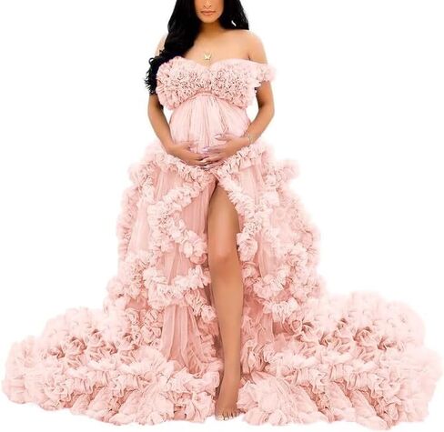 Off Shoulder Maternity Dresses Long Robe for Photoshoot Tulle Puffy Ruffles Pregnancy Gown for Baby Shower in Saudi Arabia