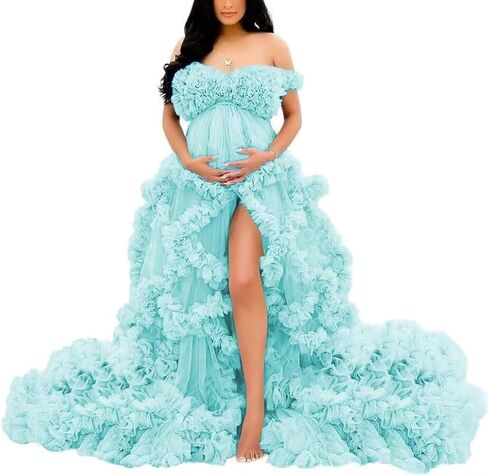 Off Shoulder Maternity Dresses Long Robe for Photoshoot Tulle Puffy Ruffles Pregnancy Gown for Baby Shower in Saudi Arabia