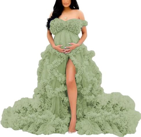 Off Shoulder Maternity Dresses Long Robe for Photoshoot Tulle Puffy Ruffles Pregnancy Gown for Baby Shower in Saudi Arabia