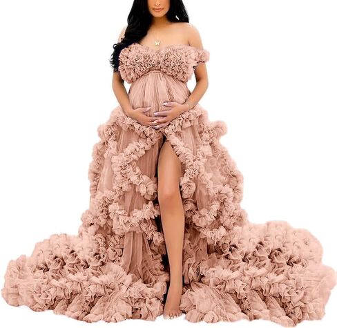 Off Shoulder Maternity Dresses Long Robe for Photoshoot Tulle Puffy Ruffles Pregnancy Gown for Baby Shower in Saudi Arabia