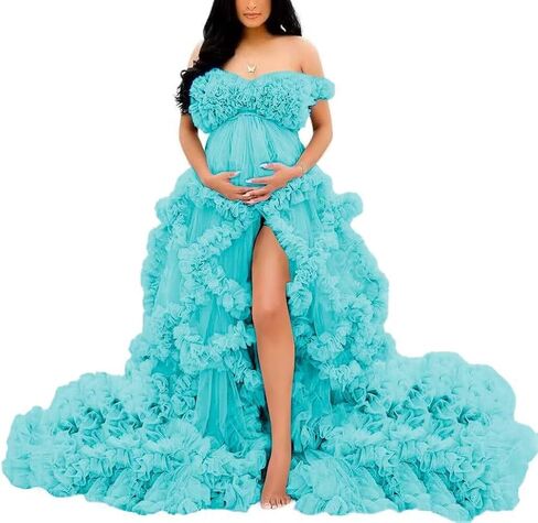 Off Shoulder Maternity Dresses Long Robe for Photoshoot Tulle Puffy Ruffles Pregnancy Gown for Baby Shower in Saudi Arabia