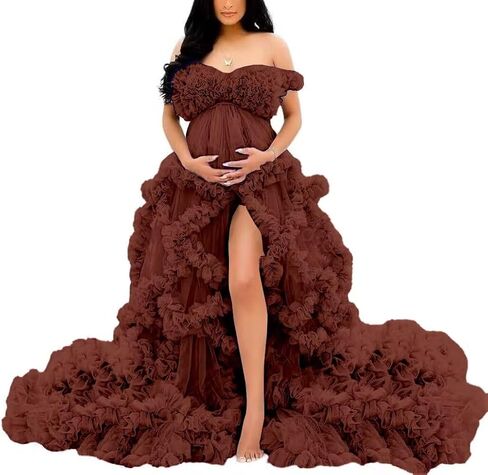 Off Shoulder Maternity Dresses Long Robe for Photoshoot Tulle Puffy Ruffles Pregnancy Gown for Baby Shower in Saudi Arabia